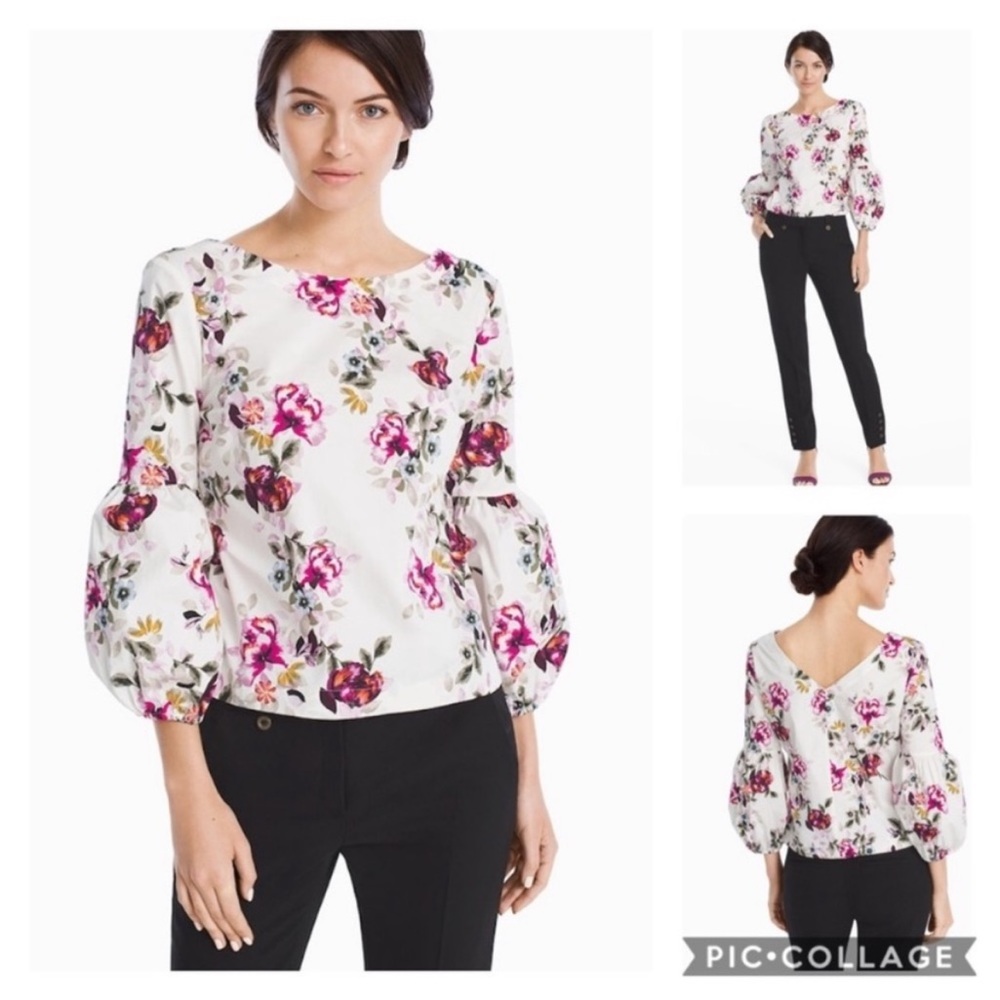 White House Black Market Classic 3/4 Sleeve Poplin Berry Bouquet Floral Top